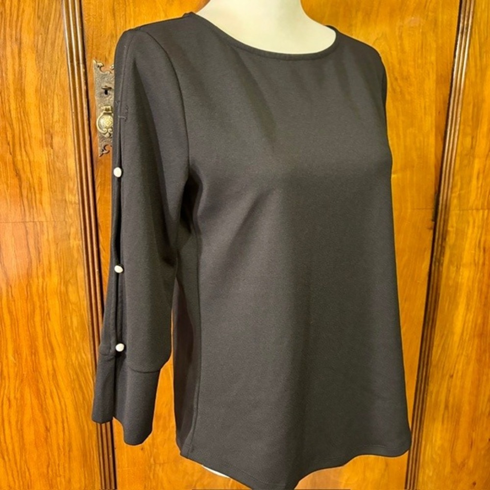 Ann Taylor Factory Black Faux Pearl Split Sleeve Knit Top Small